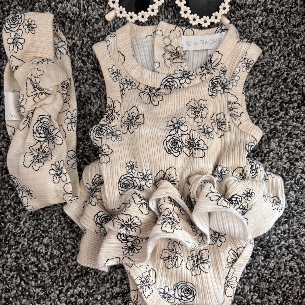 Floral Ruffle Baby Romper, Shades and Headband